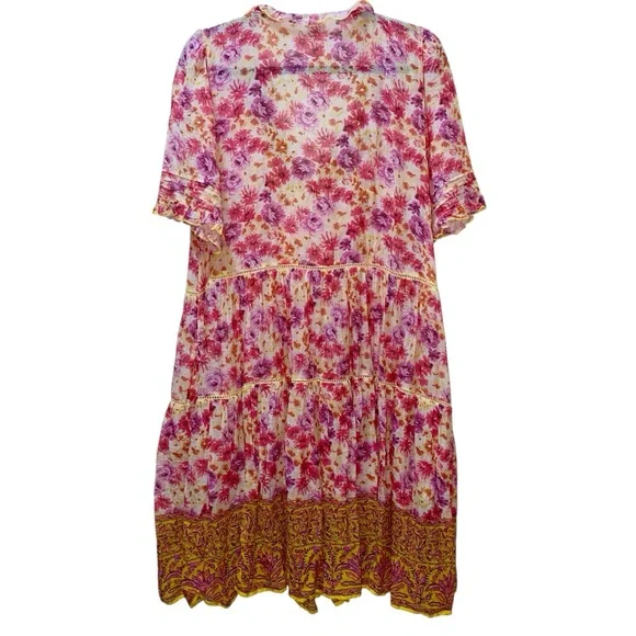 Sundance Fields of Beauty Dress Pink Yellow Tiered Tassel Tie Midi Size Large - Picture 3 of 14